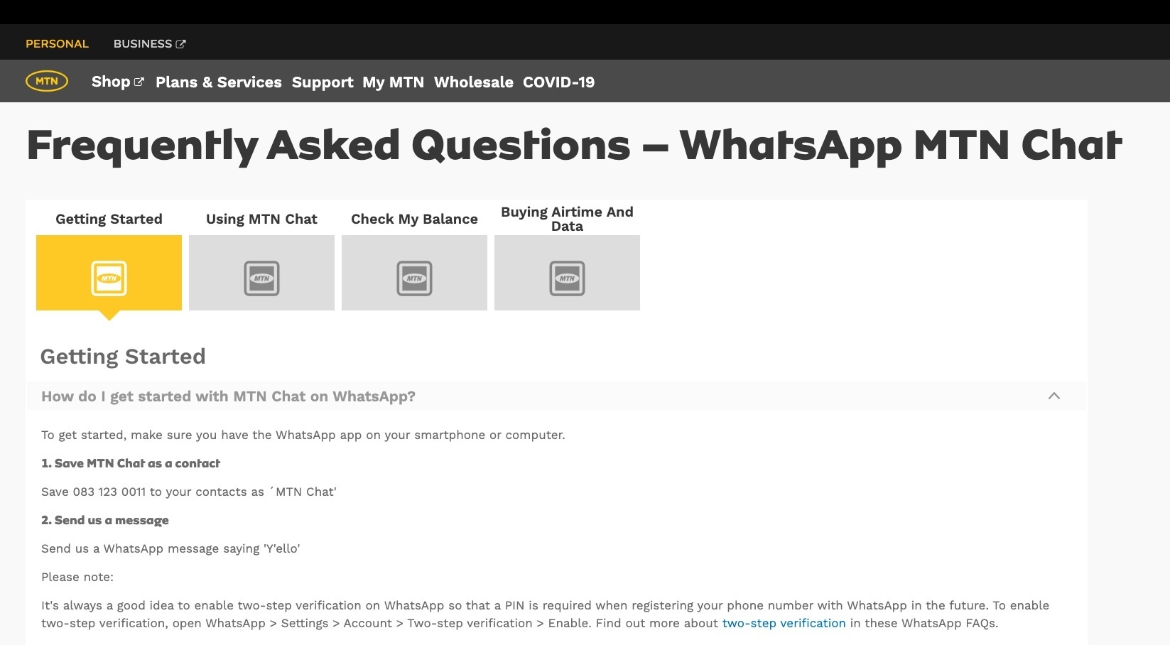 Example of MTN's digital customer service channel for chat