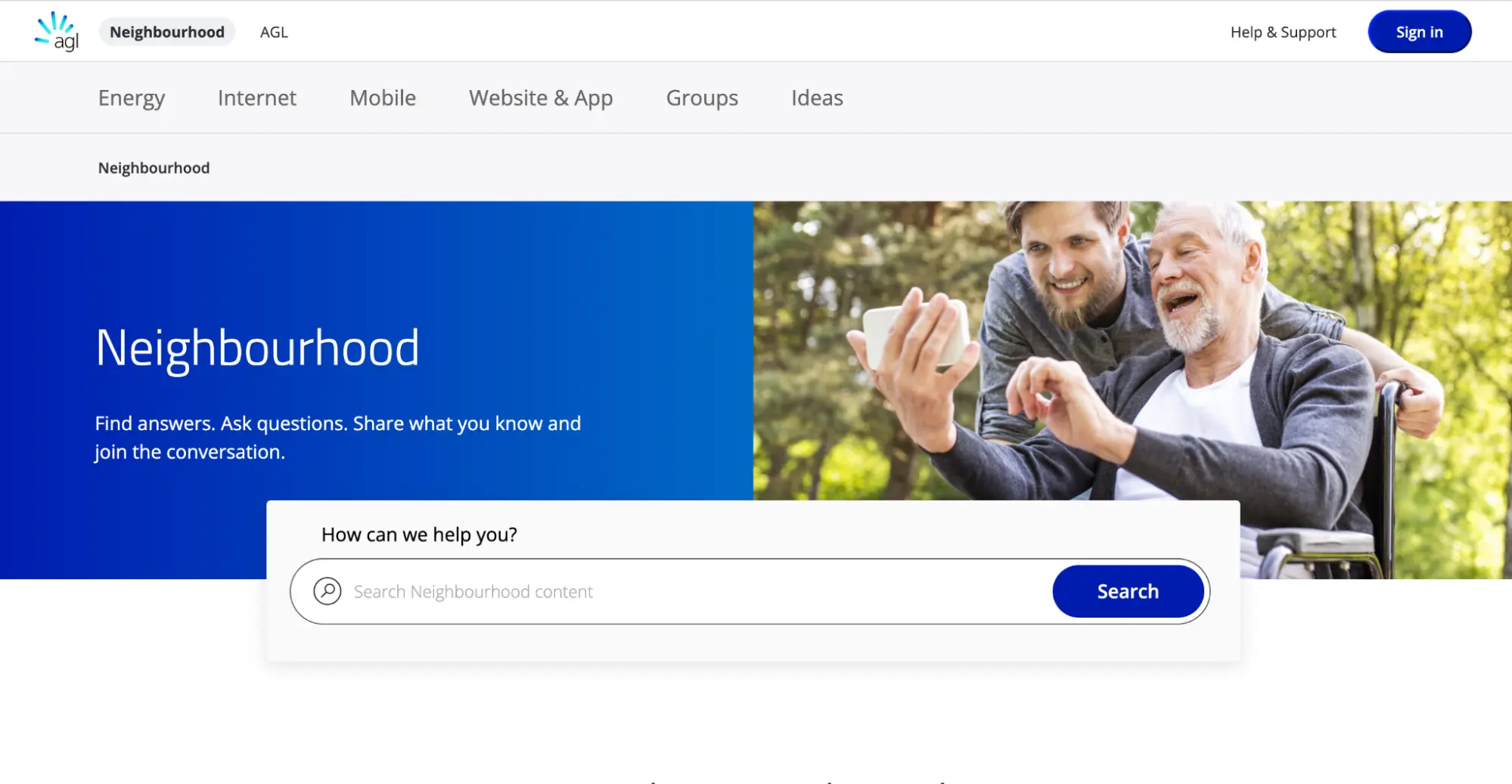 Example of AGL's online community and knowledge base for self service
