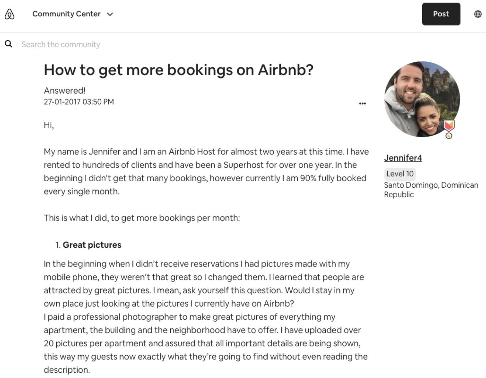 Example of a host's post in Airbnb customer community