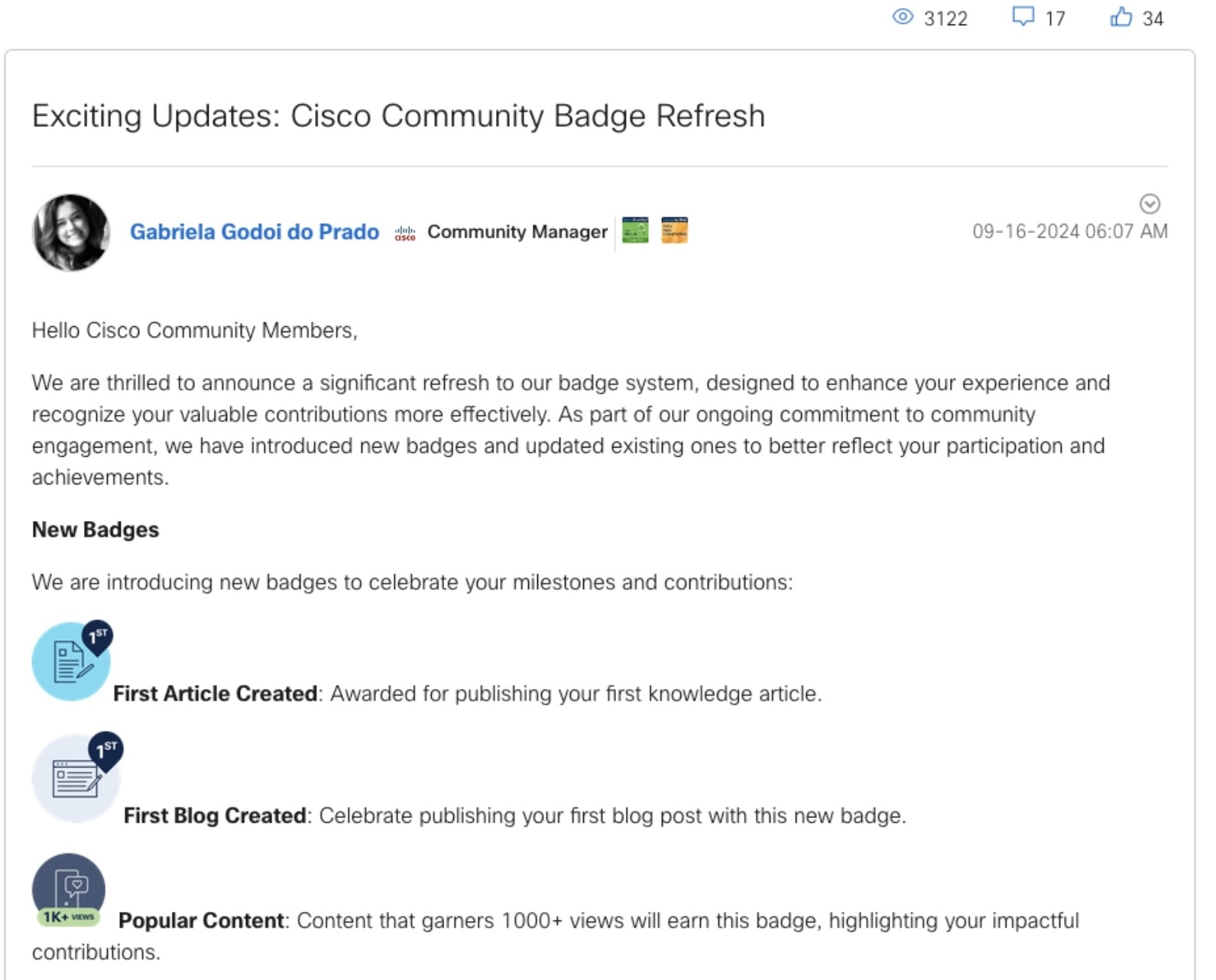 Example of Cisco's badge feature announcement for its customer community