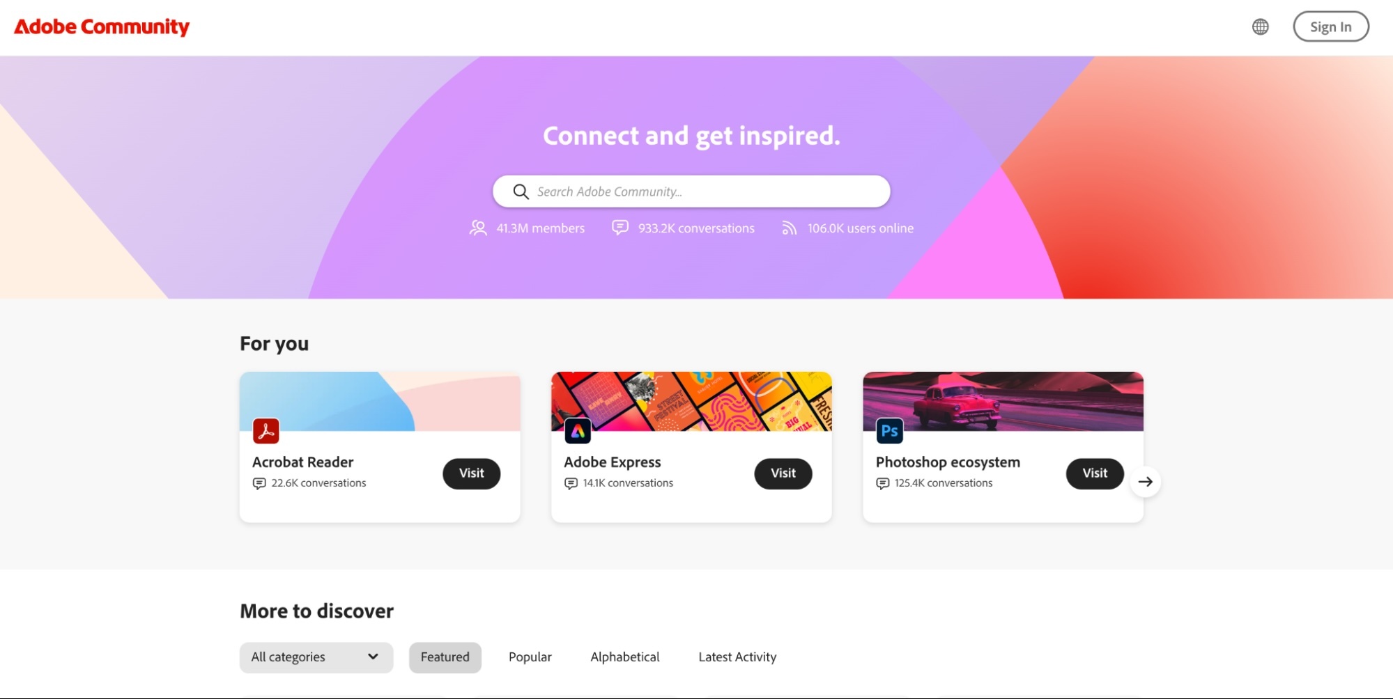 Example of Adobe's knowledge base categories in their online community